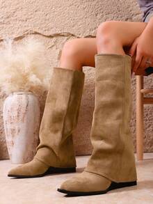 Damen Herbst/Winter Western Stil Keilabsatz Plateau Kniehohe Stiefel, modische faltbare Spitzschuh Schlüpf-Stiefel mit Vintage Falten, Große Größen bequem für Alltag, Outdoor, Lässig, Party, Khaki Farbe, Cowboystiefel - Khaki - Übersicht 2