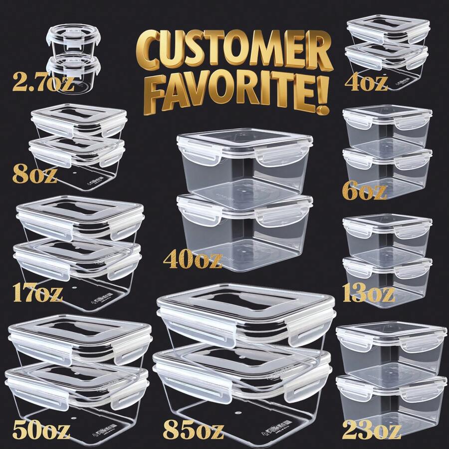 40/10-Piece Food Storage Container Set, Kitchen Organizing Bins, Meal Prep Containers With Lids, Stackable Reusable Snack And Lunch Boxes, Easy-Seal Lids, Plastic Snapware (20/5Containers + 20/5Lids), 40-Piece Set Includes Labels And Marker For Pantry And Kitchen Organization - Black 40PCS (20 Lids + 20Containers) - 查看 1