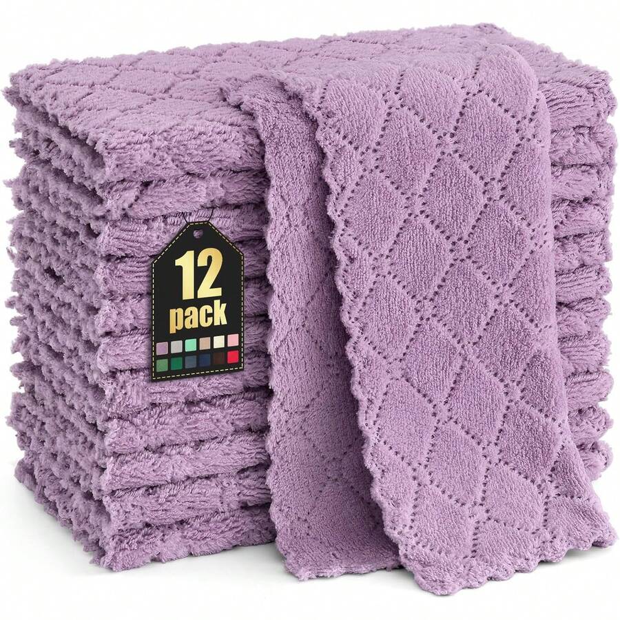 12 Pack Kitchen Dish Cloths (10 X 10 Inches, Cream Yellow), Super Soft And Absorbent Coral Velvet Dish Towels, Nonstick Oil Fast Drying Microfiber Cleaning Cloth, No Lint Household Dishcloths, 2025 - 紫色 - 查看 1