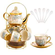 20-Piece Porcelain Tea Set, European-Style Floral Gold-Trimmed Cups & Saucers With Metal Holder, Elegant Ceramic Gift Set For Afternoon Tea & Parties - Blue Pink - View 6