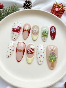Get The Perfect Christmas Vibe! – 10PCS Medium Long Almond Handmade Press On Nails, Nude & Red, With White & Creamy Yellow Polka Dot French Tips, Decorated With Crystal Christmas Tree, Snowflake, Christmas Stocking, Pearl & Gold Bead 3D Accents, Removable Reusable Nail Set (Includes Nail Jelly Glue & Nail File) – Festive & Cute - Nhiều màu - Xem 3