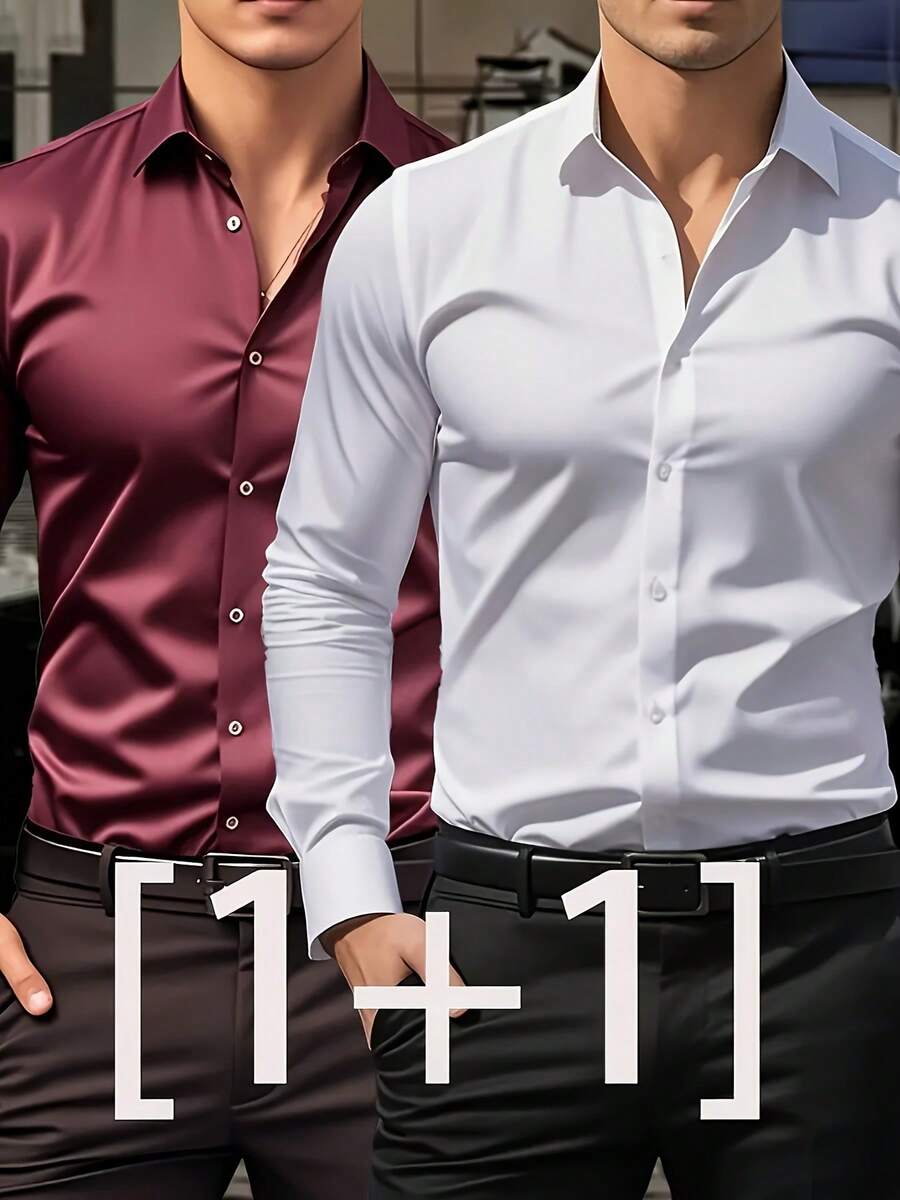 Kit Of 2 Men's Long-Sleeved Plus-Size Shirts, Solid Color, Business Casual Style, Comfortable And Breathable. - trắng/rượu vang - Xem 1