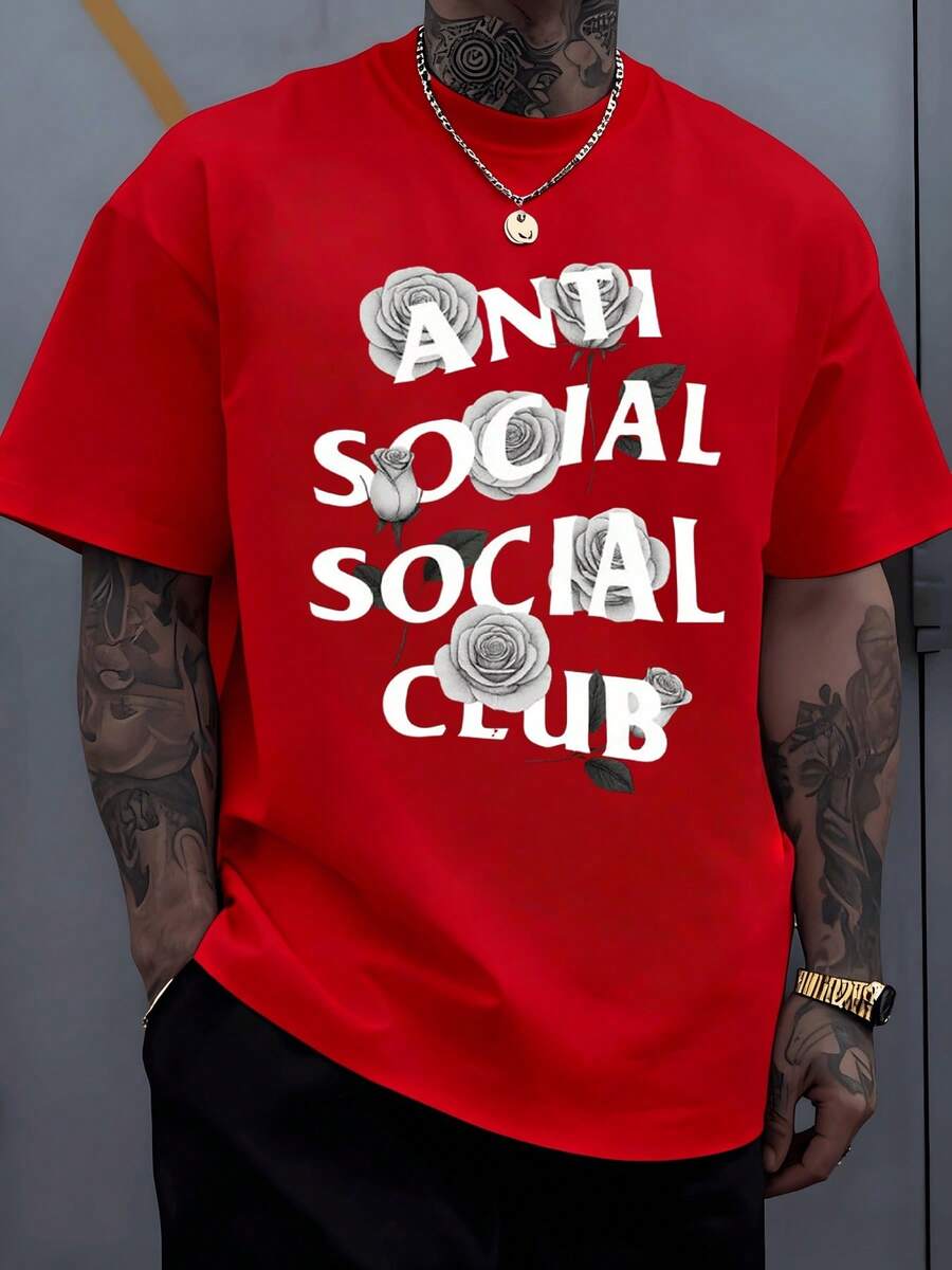Symbolizing A Distinctive Persona Fusing Bold Anti Social Club Text With Delicate Roses Expressing Individualism And Graceful Defiance Tshirt 220g - 紅色 - 查看 1