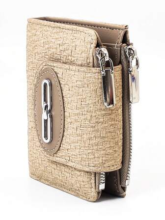 女士短款钱包，编织纹理柔软精致PU钱包，时尚按扣双拉链大容量多功能钱包卡包，轻巧简约手拿包，适合作为节日礼物