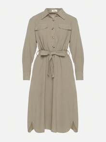 Robe chemise en coton unicolore avec ceinture à nouer pour femmes - Vert - Voir 6