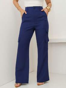 YING ZI Wide Leg Buckle Pocket Tailored Color Pants - Navy Blue - View 4