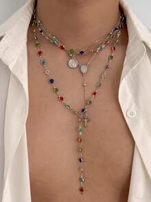 3/4pcs Vintage Luxury Colorful Crystal Y-Shaped Necklace, Men's Punk Metal Jesus Cross Pendant Long Necklace Set - Style 1 - View 10