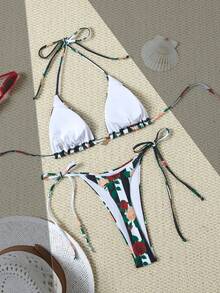 Women's Bohemian Style Spaghetti Strap Striped Print Bikini Set, Side Tie Bottom And Criss-Cross Back Design, Suitable For Summer Wear - Black and White - View 4