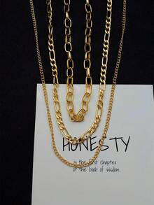 Nooxian 3pcs/Set Fashionable Hip-Hop Multi-Layer Chain Necklace Set, Unique Luxury Women Jewelry Gift (Random Chain & Clasp Quantity) - Yellow Gold - View 7