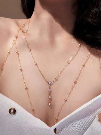 1pc Fashionable Sexy Beach Chest Jewelry, Rhinestone Embellished, Women's Body Jewelry, Suitable For Bikini