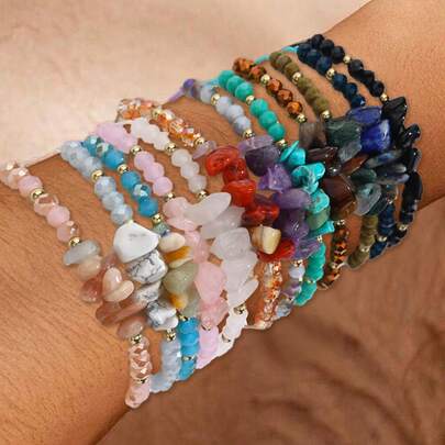 12pcs Bohemian Natural Stone Bracelet Set, Suitable For Men And Women - Amethyst, Labradorite, Turquoise And Rose Quartz Beads - Perfect Gift