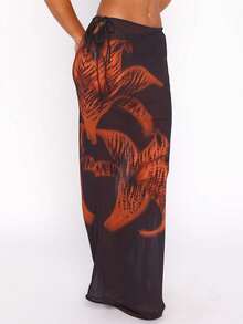 Women Y2K Floral Print Sheer Mesh Skirt Summer See Through Cover-Up Bodycon Pencil Long Skirt Boho Beach Maxi Skirt - 咖啡棕 - 查看 2