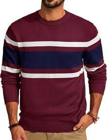 Mens Striped Pullover Sweater Crewneck Contrast Fine Knitted Sweaters - 酒紅色 - 查看 12