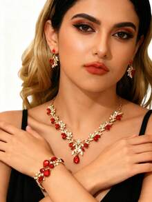 3pcs Fashionable & Elegant Rhinestone, Blue Crystal Pendant Necklace & Earrings Set, Women Jewelry Set, Bridal Jewelry Set, Party, Christmas, New Year Gift - Gold Blue - View 15