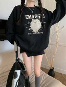 Casual Letter And Cat Print Drop Shoulder Sweatshirt,Long Sleeve Tops - Black - View 3
