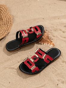 2025 New Slippers, Fashion Slippers, Bohemian Style Slippers, Soft Sole Wear-Resistant Casual Slippers, Slippers, Golden Buckle Slippers - Red - View 4