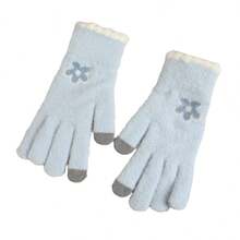 Guantes de invierno para mujer, cálidos, suaves, resistentes al viento, de punto, con flores en contraste de color, para pantalla táctil. - Azul claro - Ver 3