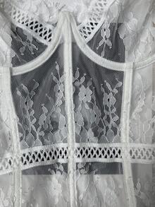 Women Lace Bustier & Panty Set With Garter Belt Lingerie Set - White - View 5