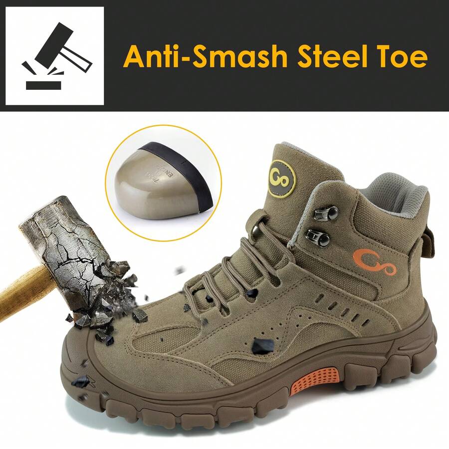 Waterproof Brown Safety Sneakers For Men, Anti Slip Steel Toe Anti Puncture Brown Work Shoes,Safety Industrial Construction Shoes - High Top And Lace Up Fashionable Work Boots,Puncture-Proof & Smash-Resistant Design,All-Season Comfortable Outdoor Work Shoes Suitable For Warehouse, Outdoor, Restaurant, Delivery & Training Use.Valentine's Day Gift. - 棕色 - 查看 1