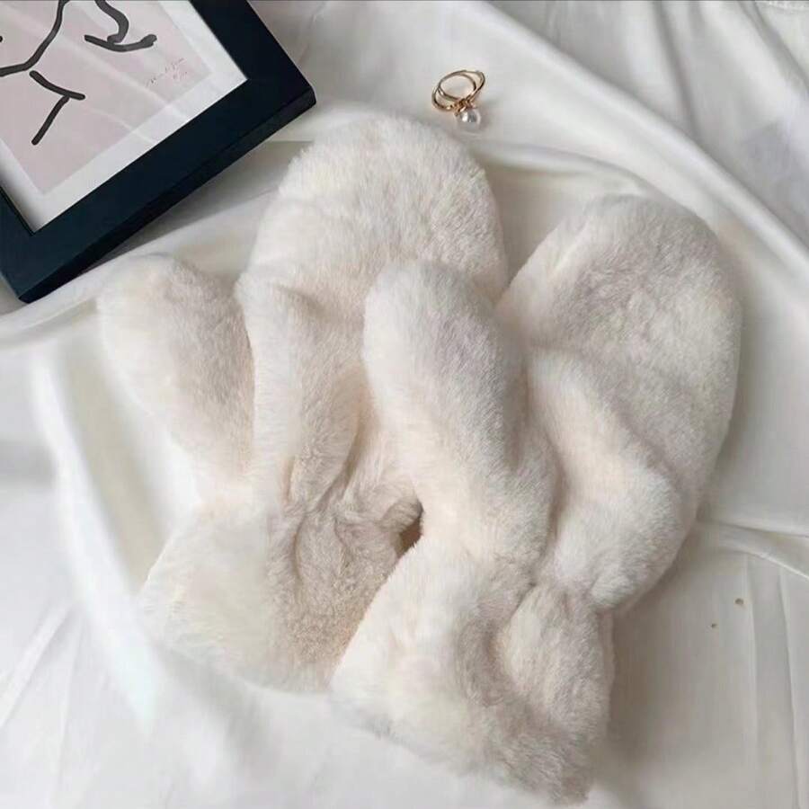 Korean Version Warm Plush Cute Fashion Gloves For Girls Winter Warm Plush Thickened Full Finger Gloves For Autumn And Winter - 加厚加大米色帶掛扣 - 查看 1