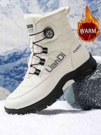 Men's Snow Boots, New Winter High-Top Thick Fur Lining Warm Boots, Thick Sole Anti-Slip Leather Boots, Outdoor Hiking Shoes With Rotating Button Design, Classic Mid-Calf Fur Collar Boots, Anti-Slip Thick Sole, Super Cold-Resistant, Ice And Snow World Winter Essential Snow Boots For Men