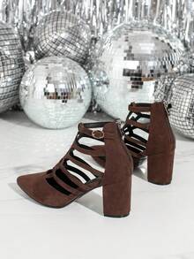 Pointed Toe Fashionable Elegant Solid Color Rhombus Pattern Hollow Out Chic Party Stiletto High Heel Sandals For Women,Spring Summer Outfits - Brown - View 6