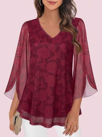 CheersLife 女性用フリル 3/4袖 Vネック ダブルレイヤー メッシュブラウス ルーズフィット フローイーチュニックトップス