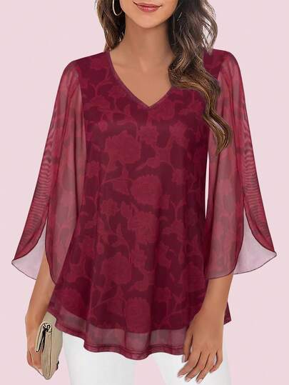 CheersLife Women Ruffle 3/4 Sleeve V Neck Double Layers Mesh Blouses Loose Fit Flowy Tunic Tops