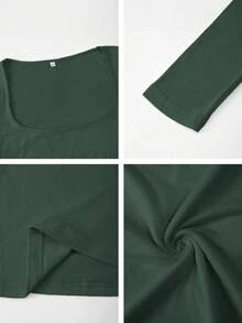 Áo dệt kim dài tay ôm dáng gợi cảm dành cho nữ mùa xuân hè của Vaiaye, áo thun cổ vuông màu trơn, phong cách thường ngày giản dị và đa năng, trang phục tối giản thoải mái. - Màu xanh lá cây đậm - Xem 11