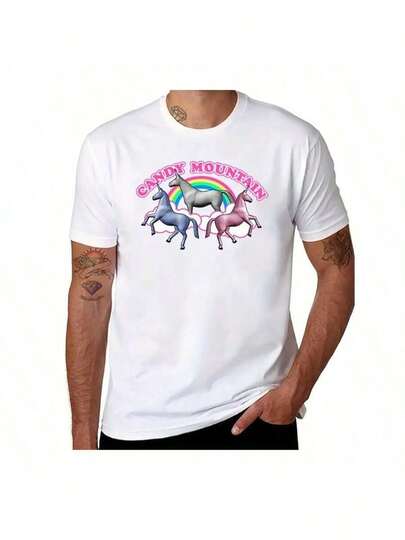 Camiseta gráfica vintage de unicornio y montaña de caramelo para hombres - 100% algodón, manga corta, ajuste holgado, camiseta casual de cuello redondo para adultos, diseño de arcoíris y unicornio juguetón, lavable a máquina, regalos de unicornio
