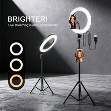 10 英寸 3 色 LED 环形灯套装 | 145 厘米可调节专业三脚架 | USB 电源，免电池全覆盖 - 非常适合摄影、化妆、集体自拍、视频录制、会议和直播 LED 灯兼容 Android 手机手机 LED 灯带灵活三脚架和手机支架适合暑假、旅行度假、摄影和视频录制、照片自拍视频录制缩放会议、手持自拍、户外活动、采访、直播、视频博客 - 黑色 - 查看 8