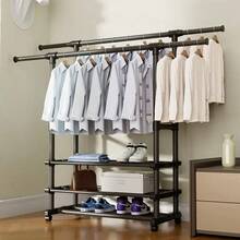Perchero Ajustable de 1/2 Barras con Ruedas y Tendedero - Organizador de Ropa Expandible con Estante para Zapatos y Almacenamiento, Ideal para Dormitorio, Salón, Armario, Perchero Independiente Negro Moderno, Solución de Almacenamiento Versátil, Diseño Contemporáneo, Construcción Robusta, Organización del Hogar, Diseño Minimalista, Material Duradero, Organizadores para el Hogar, Tendedero de Ropa, Perchero para Colgar Ropa, Estante para Ropa - Negro - Ver 7