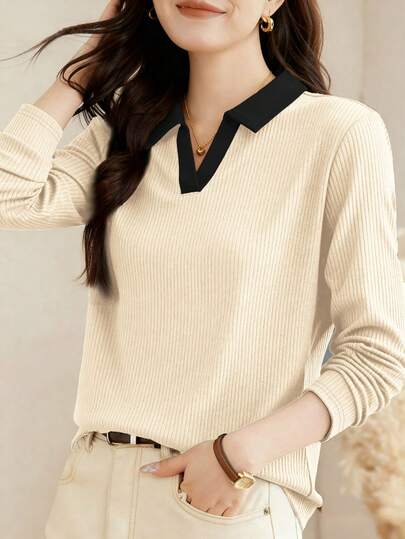 2025 Nueva camisa polo de manga larga con cuello vuelto de moda para mujer, para uso casual