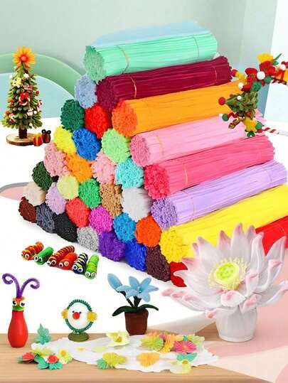 400/100pcs DIY Set, Includes Chenille Strips, Macaron Chenille Strips, Velvet Floss, Dense Chenille Strips, Molded Rod-Shaped Chenille Strips, Handmade Chenille Strips, Decorative Chenille Strips, Suitable For Crafters And Other Uses. Novel Hair Accessories, DIY Chenille Strips Can Be Used To Make Bouquets, Headbands, Bracelets