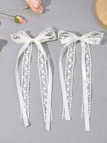 2pcs Flower Lace Hair Bows For Girls Beige Ribbon Bow Alligator Clips With Long Tail Elegant Wedding Hair Clip Mother's Day Vacation Barrettes Holiday Gift Kids Hair Accessories - 米色 - 查看 1