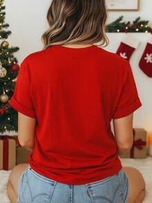 Camiseta de manga corta para mujer con estampado navideño, OSO CON BUFANDA , apropiada para fiestas navideñas - Rojo - Ver 2