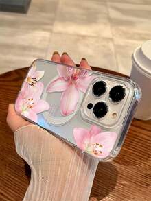 粉色百合花时尚手机壳 1 件装 透明磁吸无线充电 软硬双材质 防刮防指纹 兼容 iPhone 15/16 Pro/Pro Max/14/15/16 Plus 男女通用 春季生日礼物 - 無色 - 查看 2