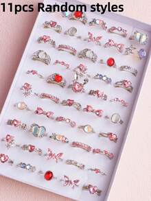 11 Stücke/Los exquisite niedliche rosa Strass-Ringe, Geburtstags-Party-Geschenke für Freunde, Schmuckzubehör für den täglichen Gebrauch