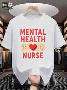 Camiseta de Algodón GILDAN para Hombres - Diseño de Enfermería en Salud Mental, 100% Transpirable, Ajuste Regular Casual Manga Corta, Lavable a Máquina, Cómoda para Uso Diario, Letras Atrevidas, Camiseta Geométrica, Material Suave, Estampada, Para Adultos - Blanco - Ver 2