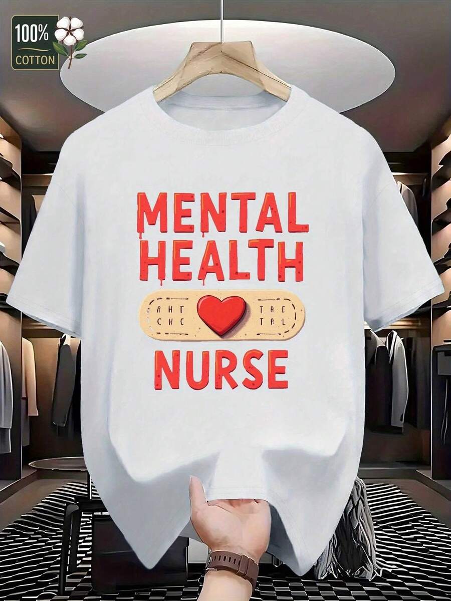 Camiseta de Algodón GILDAN para Hombres - Diseño de Enfermería en Salud Mental, 100% Transpirable, Ajuste Regular Casual Manga Corta, Lavable a Máquina, Cómoda para Uso Diario, Letras Atrevidas, Camiseta Geométrica, Material Suave, Estampada, Para Adultos
