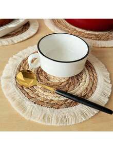 1pc Straw Plaited Article Round Placemat, Natural Tassel Table Pad, Western Food Table Mat, Coffee Table Pad, Heat Insulation Mat, Hotel Waterproof Non-Slip Table Decoration Pad, Home Decoration - Multicolor - View 12