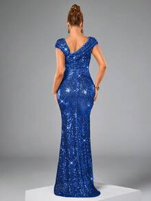 CHOSMO 新款亮片婚纱，修身高腰正式礼服，优雅露背开衩长裙，春季派对礼服 - 寶藍色 - 查看 4