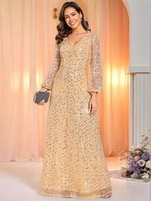 EVERPRETTY Fall Winter Elegant Long Sleeve Gold Sequin Dress Suitable For Wedding Party Prom Graduation Dinner Holiday Gala Mother Of The Bride Dress - Gold - View 7