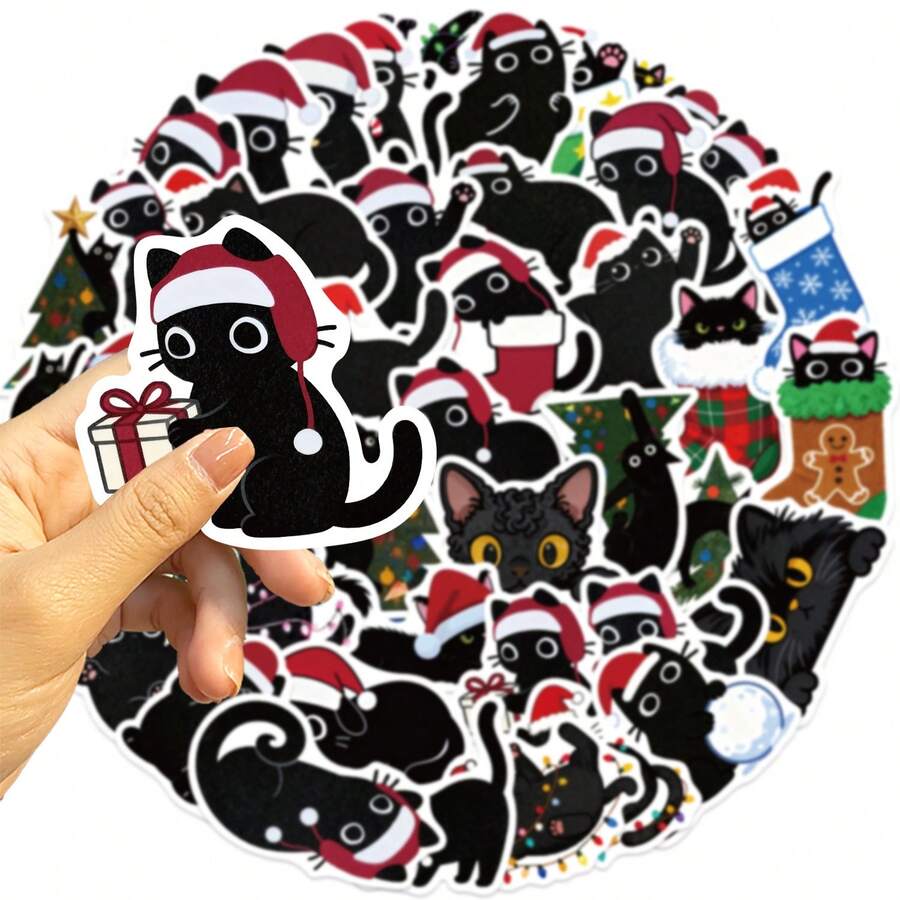 50pcs Black Cat Kitty Pet Aesthetics Stickers Vintage Cute Ins Graffiti Romance Funny Doodle Cartoon Art Cool Deacl Pack Christmas Decoration Suitcase DIY Luggage Party Gift - Multicolor - View 1