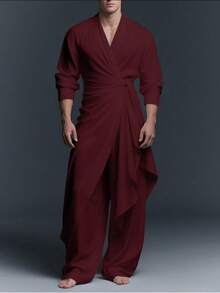 Men V-Neck Twist Wrap Long Sleeve Asymmetrical Tops Shirt Elastic Waist Long Pants Trousers Casual 2PCS Sets Suits - 酒紅 - 查看 1