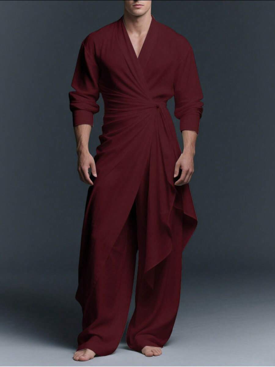 Men V-Neck Twist Wrap Long Sleeve Asymmetrical Tops Shirt Elastic Waist Long Pants Trousers Casual 2PCS Sets Suits - 酒紅 - 查看 1