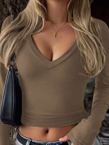 Vaiaye Women's Sexy Fitted Knit Long Sleeve Top, Solid Color V-Neck T-Shirt, Suitable For Valentine's Day Wear - Khaki - View 7