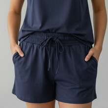 Simple Women's Set With Lightweight Faux Drawstring For Summer Vacation. - Navy Blue - View 3
