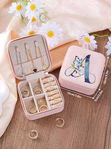 1 Peça Caixa de Joias Minimalista com Floral e Letra, Caixa de Joias Portátil de PU para Viagens de Verão, Mini Organizador de Joias para Brincos, Colares, Anéis, Exibição e Armazenamento de Joias, Caixa de Joias de Grande Capacidade, Adequada para Presentes do Dia das Mães, Natal, Halloween, Organizador de Joias Feminino, Essencial de Viagem, Armazenamento de Dormitório de Volta às Aulas - Rosa chiclete - Visão 12