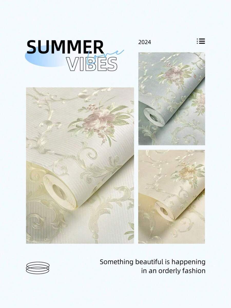 1pc Self-Adhesive 3D Embossed Non-Woven Fabric Wallpaper, Countryside Fresh Style, Suitable For Bedroom, Living Room, Dining Room. Waterproof, Oil-Proof - Multicolor - View 1